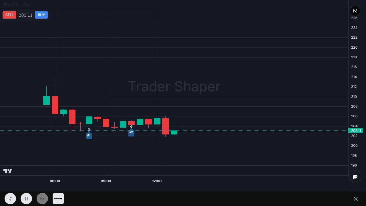 TraderShaper candle anatomy drill: a real SOL chart with candles marked for identification practice
