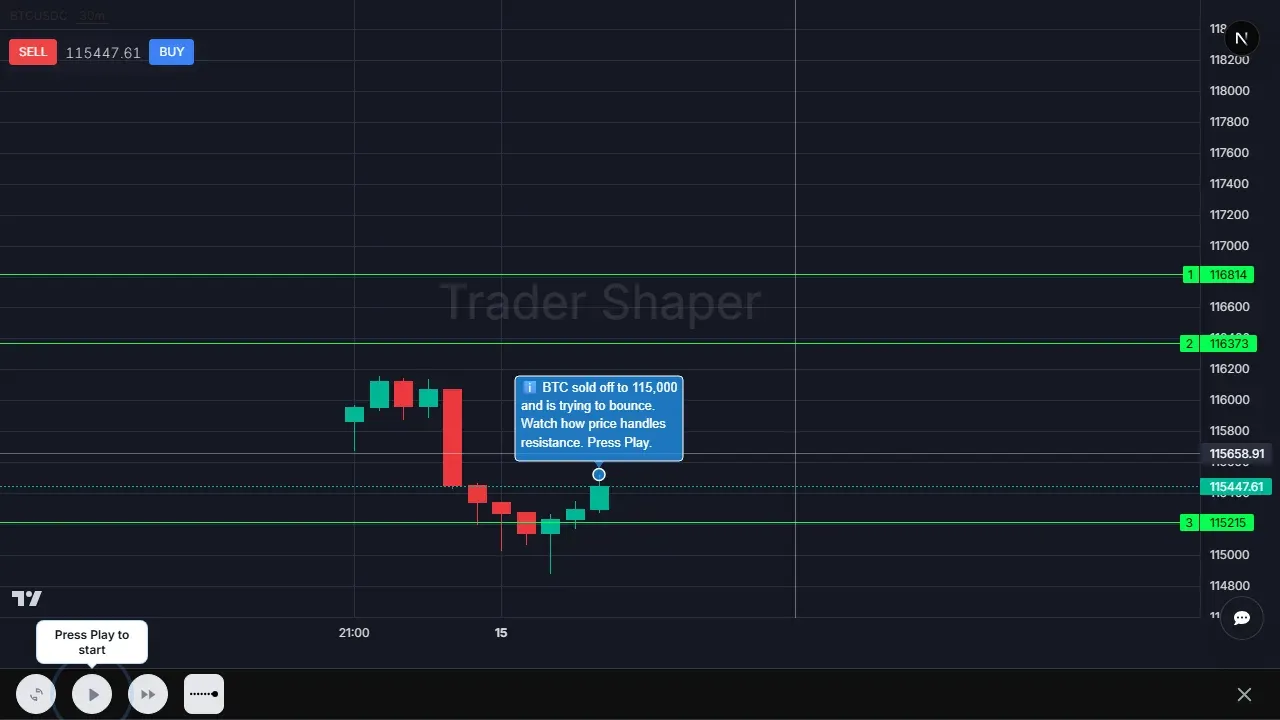 Trader Shaper pin bar rejection drill: price sells into a level and bounces as the lesson asks how resistance is handled